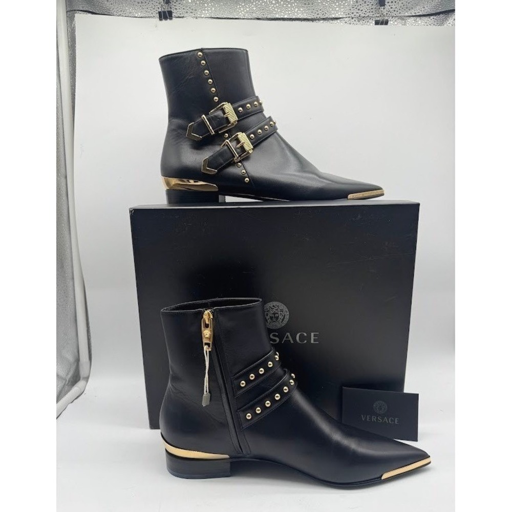 Versace Women Leather Ankle Boots Black Gold IT 38 US 8 DSR989E NEW BOX